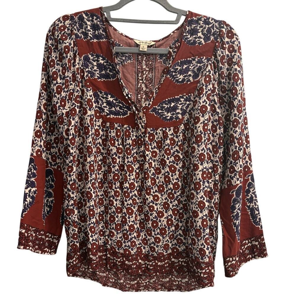 Lucky Brand Size S Small Maroon Floral Hippie Boho Peasant Blouse